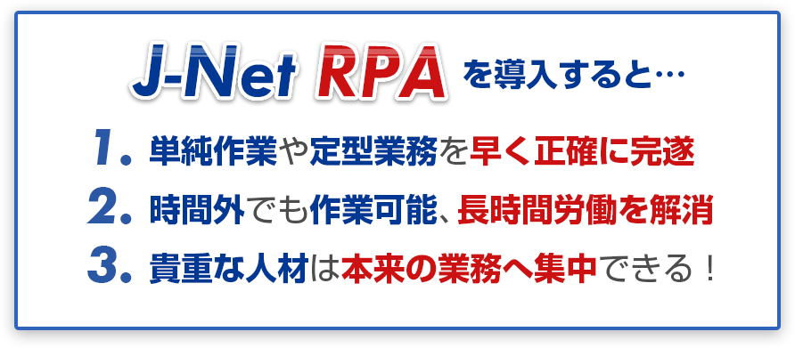 RPAを導入すると… •単純作業や定型業務を早く正確に完遂。•時間外でも作業可能、長時間労働を解消。•貴重な人材は本来の業務へ集中できる！